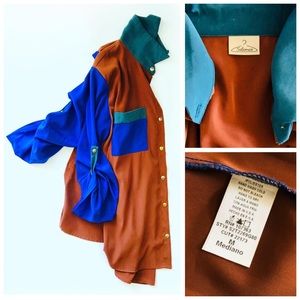 Solemio Vintage-Inspired Multi-Colored Color Block Blouse, sz. M